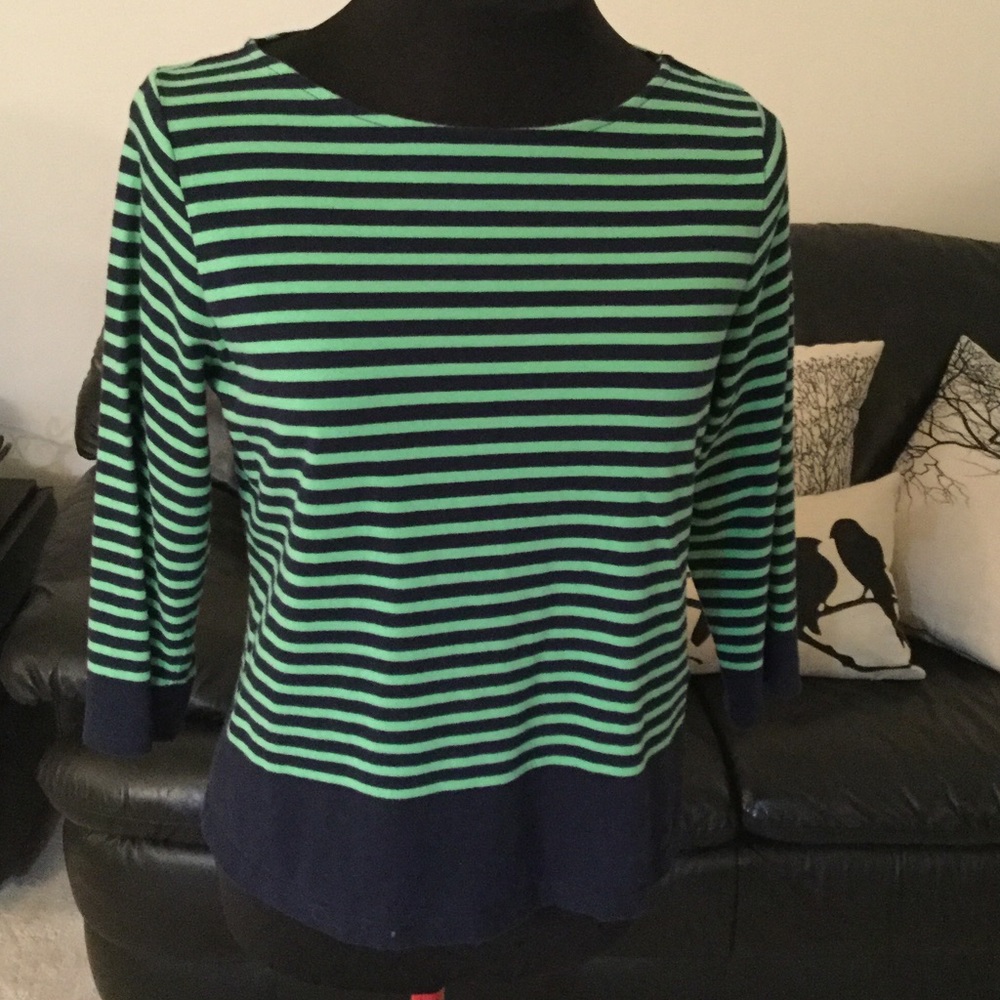 Chaps Petites Navy Blue & Green Striped Top